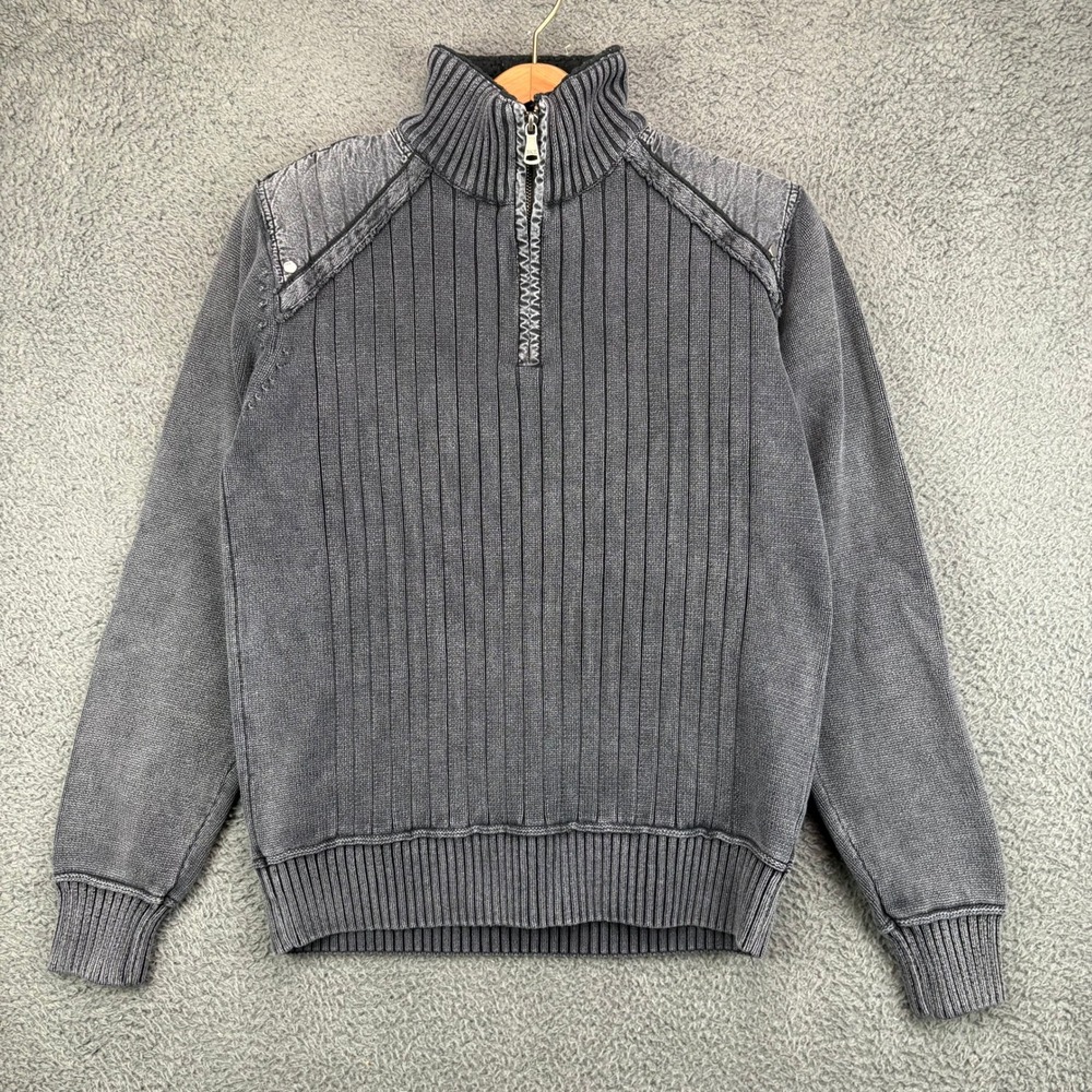 BKE Mens Gray Acid Wash‎ Ribbed Quarter Zip Mock Neck Moto Sweater Size Medium